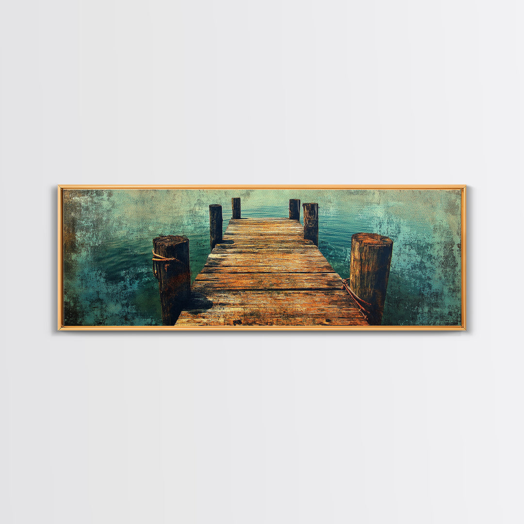 Weathered Wooden Dock Over Teal Water Wall Art, Panoramic Canvas Print, Lake House Decor, Nautical Living Room Art Coastal Decor