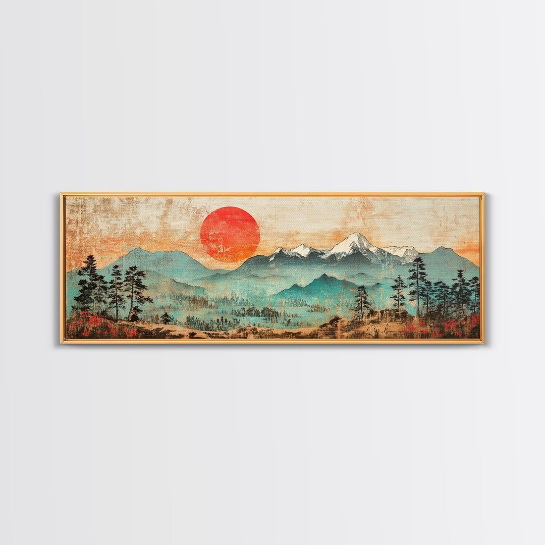 Red Sun Over Snowy Mountains And Pines Wall Art, Panoramic Canvas Print, Rustic Nature Decor, Large Landscape Art Home Decor