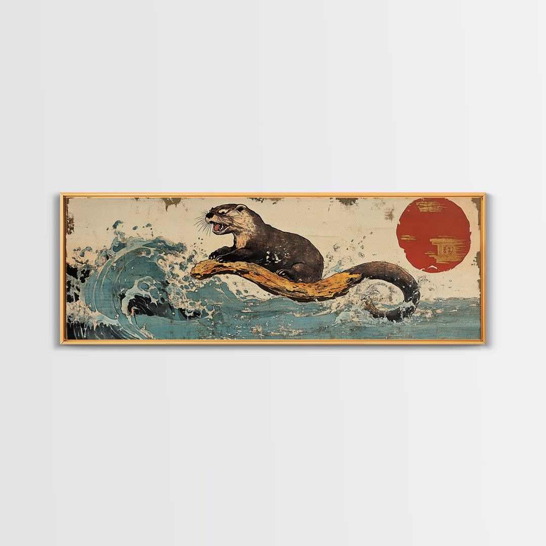 Playful Otter Riding Ocean Wave Wall Art, Japanese Animal Print, Panoramic Canvas, Coastal Bathroom Decor, Wildlife Gift For Her