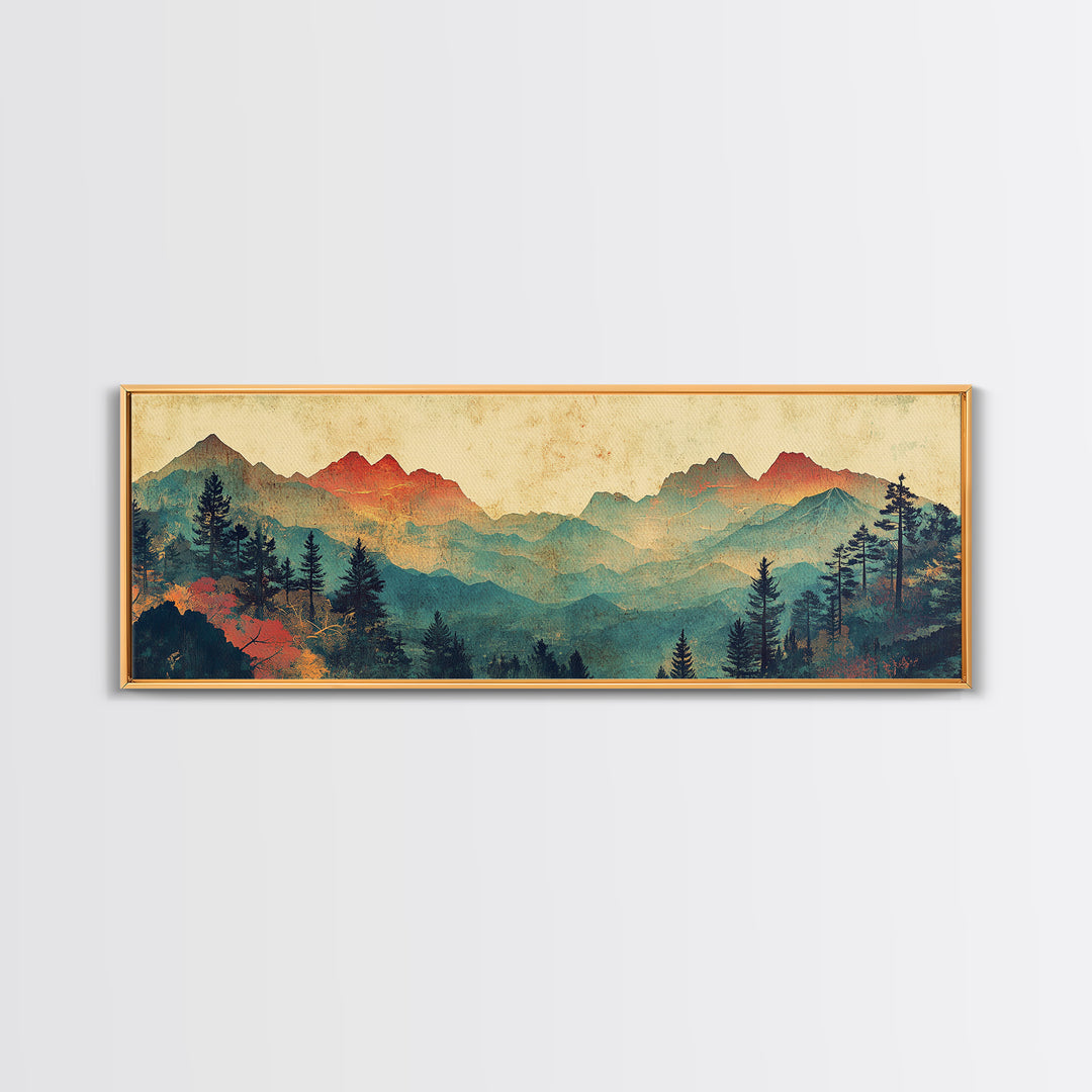 Layered Blue Mountain Forest Wall Art, Panoramic Canvas Print, Nature Landscape, Rustic Cabin Living Room Decor, Above Sofa Decor
