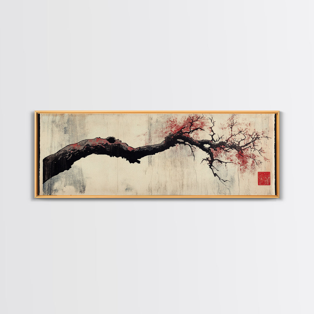 Minimal Black Branch With Red Blossoms Wall Art, Japanese Botanical Canvas Print, Wabi Sabi Neutral Home Decor, Above Bed Art