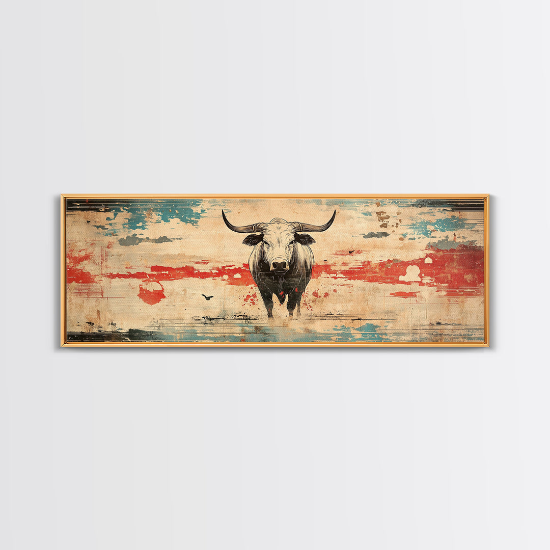 Longhorn Bull Rustic Southwest Wall Art, Western Ranch Canvas Print, Cowboy Home Decor, Desert Landscape, Gift For Him, Man Cave Decor