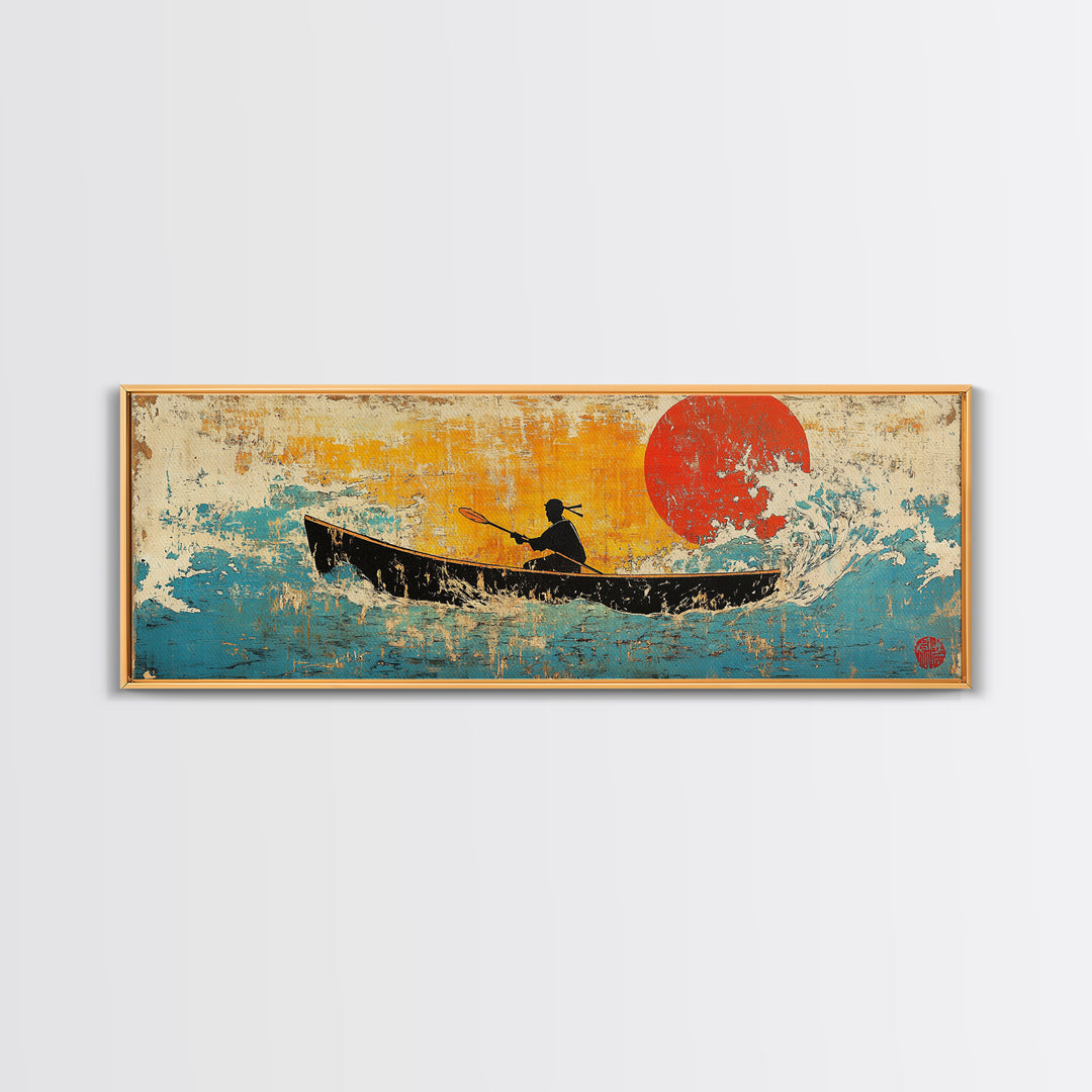Canoe Silhouette Red Sun Canvas Print, Japanese Lake Wall Art, Retro Coastal Home Decor, Boho Living Room, Gift For Her, Art Print