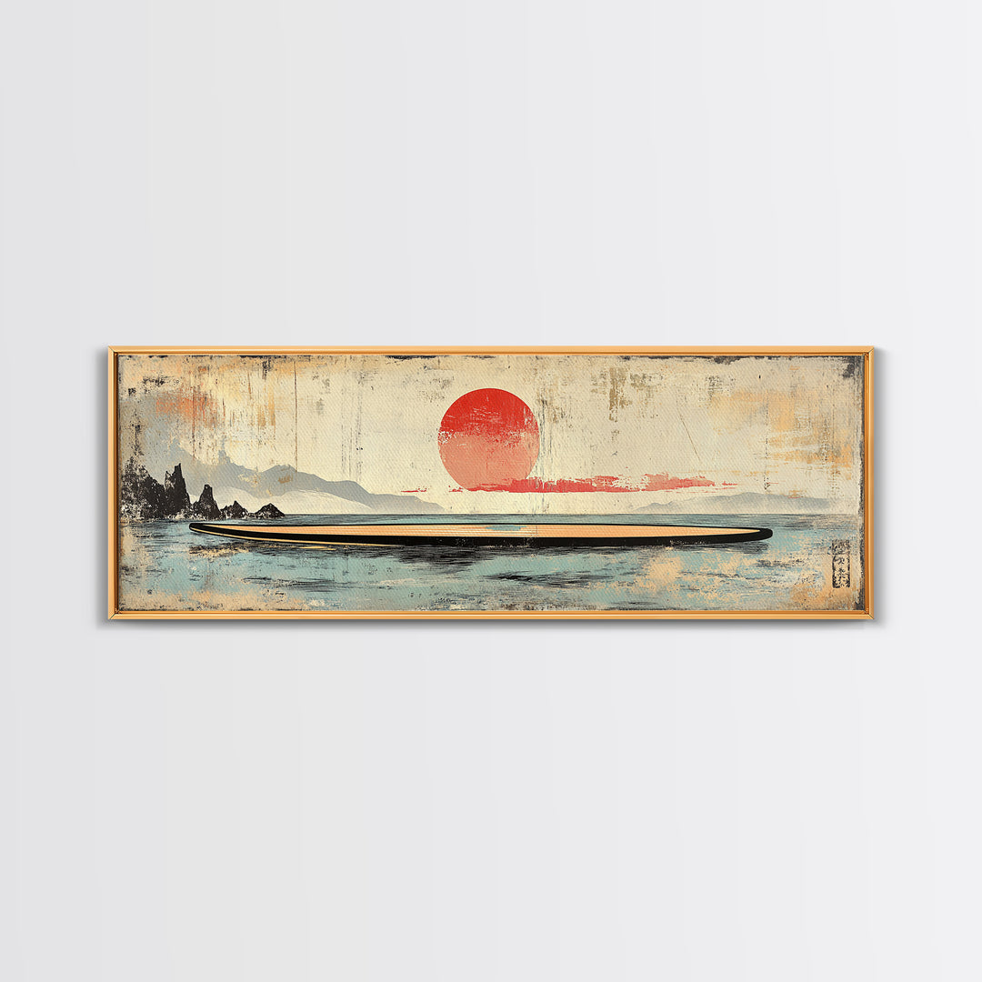 Red Sun Seascape Minimalist Wall Art, Japanese Coastal Canvas Print, Neutral Beach House Decor, Living Room Art Print, Zen Home Decor