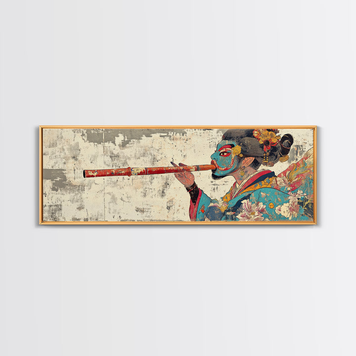 Japanese Geisha Flute Portrait Framed Canvas Print, Asian Wall Art, Kimono Woman Decor, Japandi Home Decor, Gift For Her