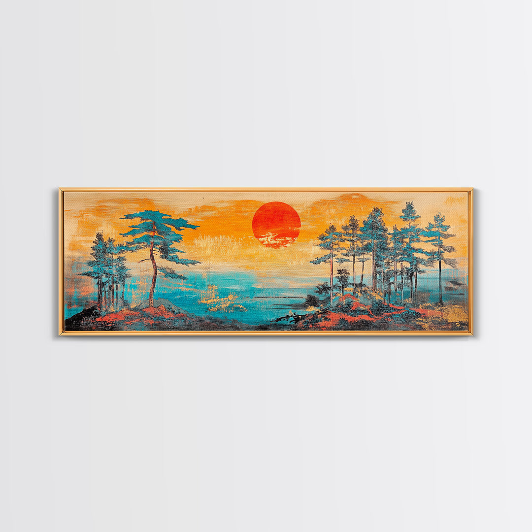Red Sun Pine Island Wall Art, Japanese Coastal Landscape, Serene Ocean Decor, Long Horizontal Framed Canvas Print, Living Room Art