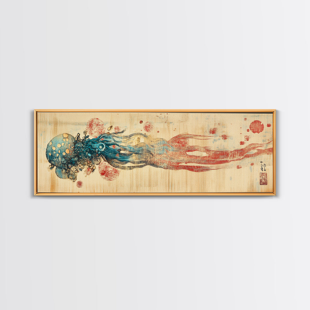 Blue Jellyfish Ocean Wall Art, Marine Life Illustration, Coastal Bathroom Decor, Nautical Framed Canvas Print, Gift For Her