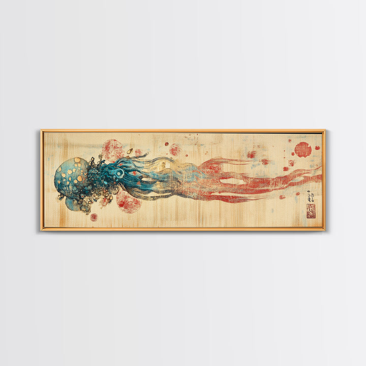 Blue Jellyfish Ocean Wall Art, Marine Life Illustration, Coastal Bathroom Decor, Nautical Framed Canvas Print, Gift For Her