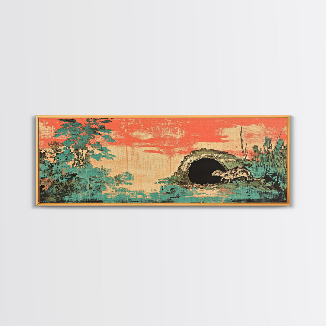 Teal Pine Forest And Moonlit Cave Wall Art, Japanese Landscape Print, Japandi Decor, Panoramic Canvas, Nature Home Decor