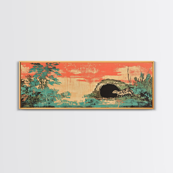 Teal Pine Forest And Moonlit Cave Wall Art, Japanese Landscape Print, Japandi Decor, Panoramic Canvas, Nature Home Decor