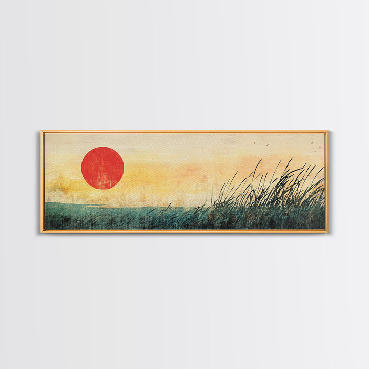 Red Sun Marsh Grass Wall Art, Minimalist Japanese Landscape Print, Zen Nature Decor, Horizontal Canvas, Calming Living Room Decor