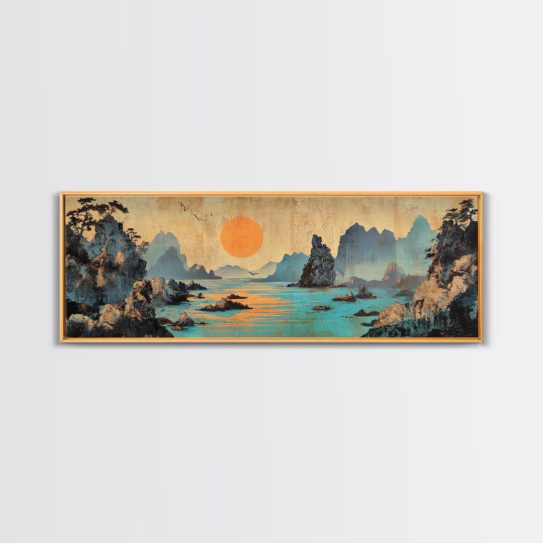 Turquoise Karst Bay Sunset Wall Art, Asian Landscape Print, Japanese Wall Decor, Zen Coastal Art, Panoramic Canvas Print