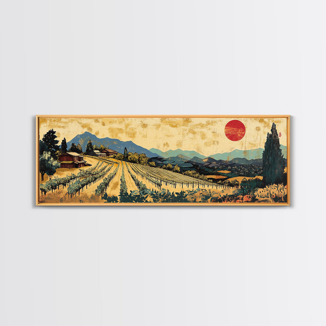 Tuscan Vineyard Rows And Red Sun Canvas Print, Wine Country Landscape Wall Art, Rustic Kitchen Decor, Housewarming Gift Idea