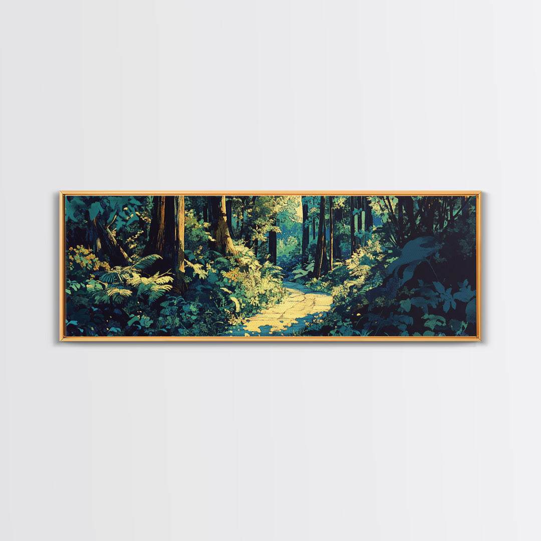 Sunlit Forest Path Through Ferns Wall Art, Nature Landscape Canvas Print, Woodland Decor, Calming Living Room Wall Art Print