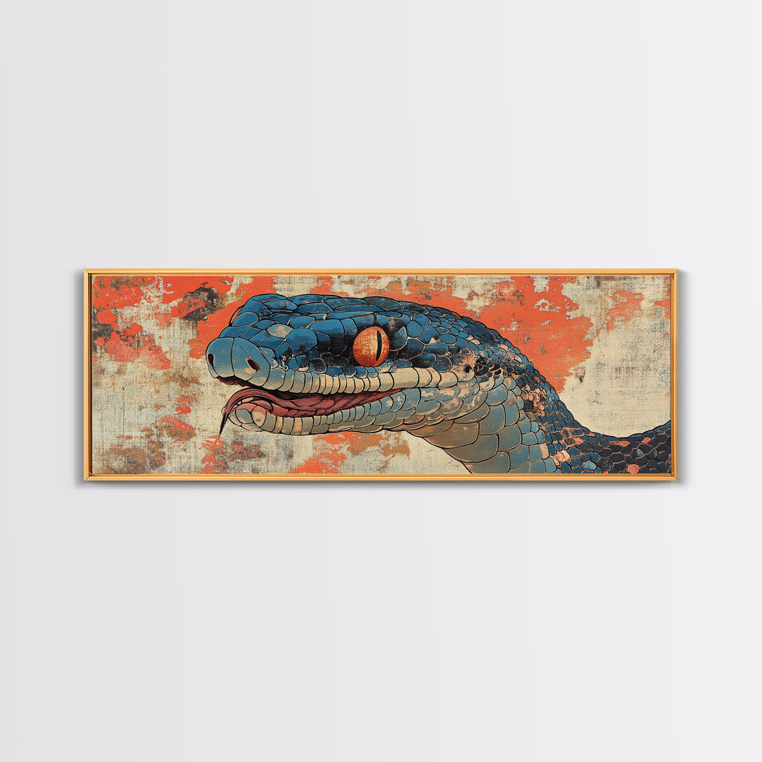 Blue Snake Portrait With Orange Eyes Wall Art, Wildlife Canvas Print, Snake Illustration, Bold Eclectic Home Decor, Statement Wall Art