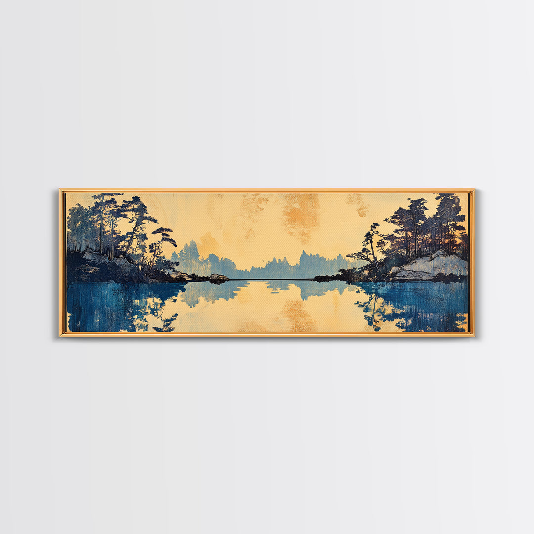 Blue Lake Pine Forest Reflections Canvas Print, Serene Nature Wall Art, Japandi Landscape Decor, Calming Living Room Print
