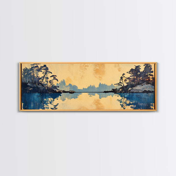 Blue Lake Pine Forest Reflections Canvas Print, Serene Nature Wall Art, Japandi Landscape Decor, Calming Living Room Print