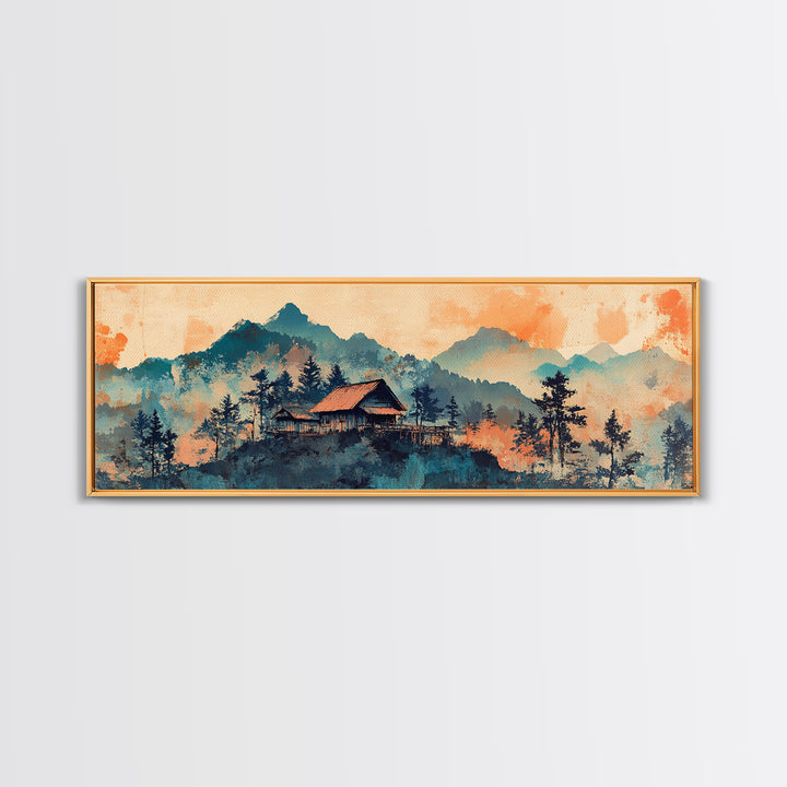 Mountain Cabin At Peach Sunrise Wall Art, Watercolor Landscape Print, Rustic Nature Decor, Cozy Bedroom Living Room Canvas