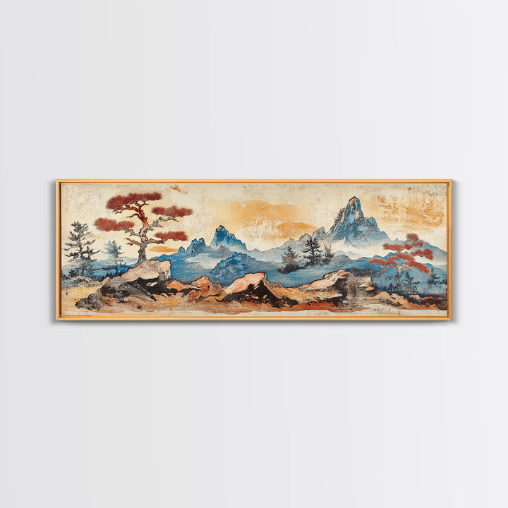 Zen Rock Garden With Blue Mountains Wall Art, Japanese Landscape Print, Wabi Sabi Decor, Serene Japandi Living Room Canvas