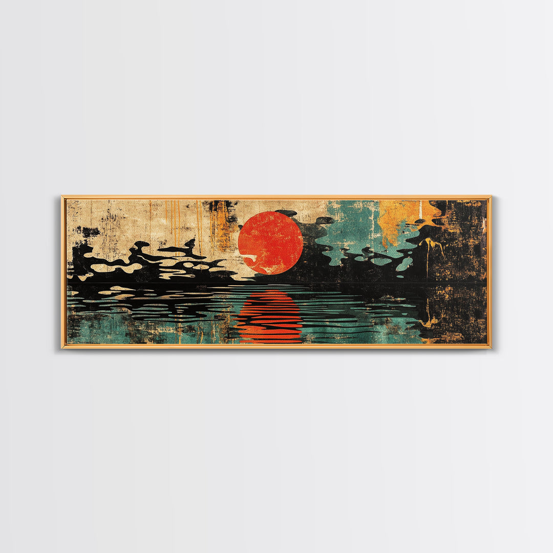 Red Sun Over Black Water Wall Art, Japanese Ink Seascape Print, Minimalist Asian Decor, Bold Modern Living Room Canvas Art