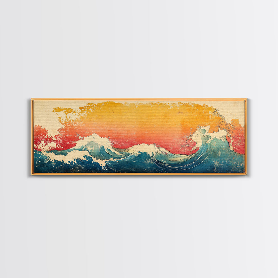Great Wave At Golden Sunset Canvas Print, Japanese Ocean Wall Art, Hokusai Inspired Coastal Decor, Blue Living Room Print