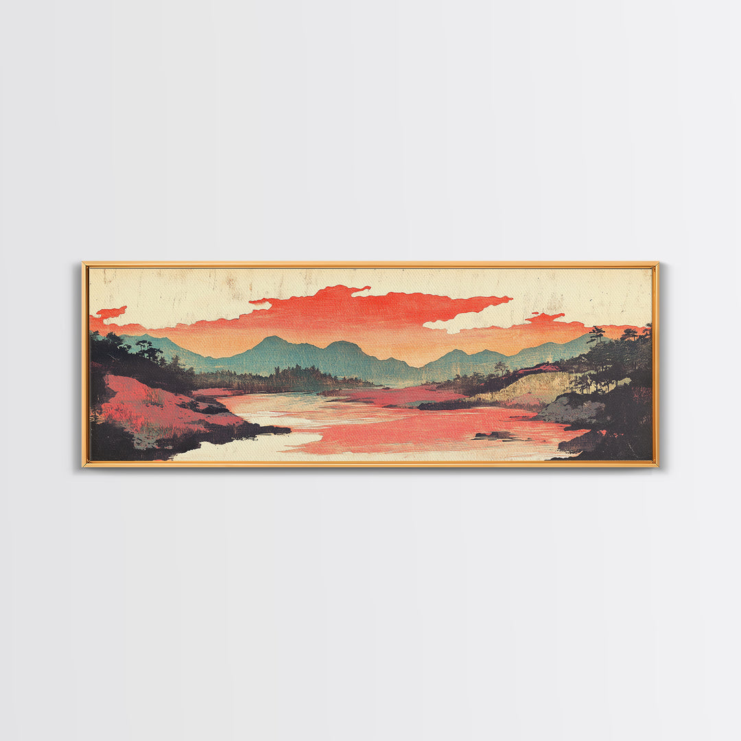 Coral Sky River Valley Wall Art, Japanese Mountain Landscape Print, Long Horizontal Canvas, Modern Living Room Decor, Home Decor