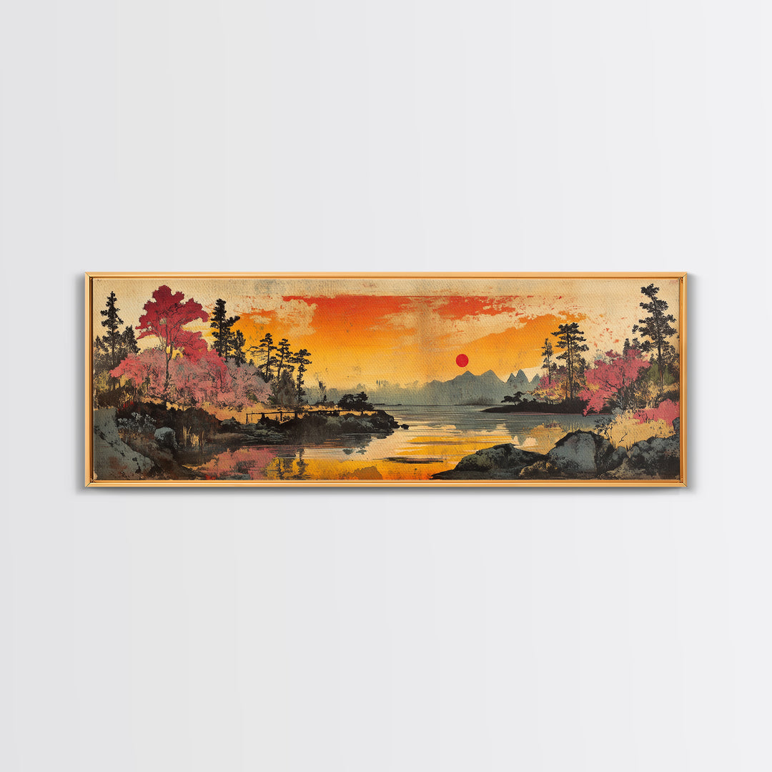 Orange Sunset Lake Wall Art, Cherry Blossom Landscape Canvas Print, Japanese Nature Decor, Panoramic Living Room Art Print