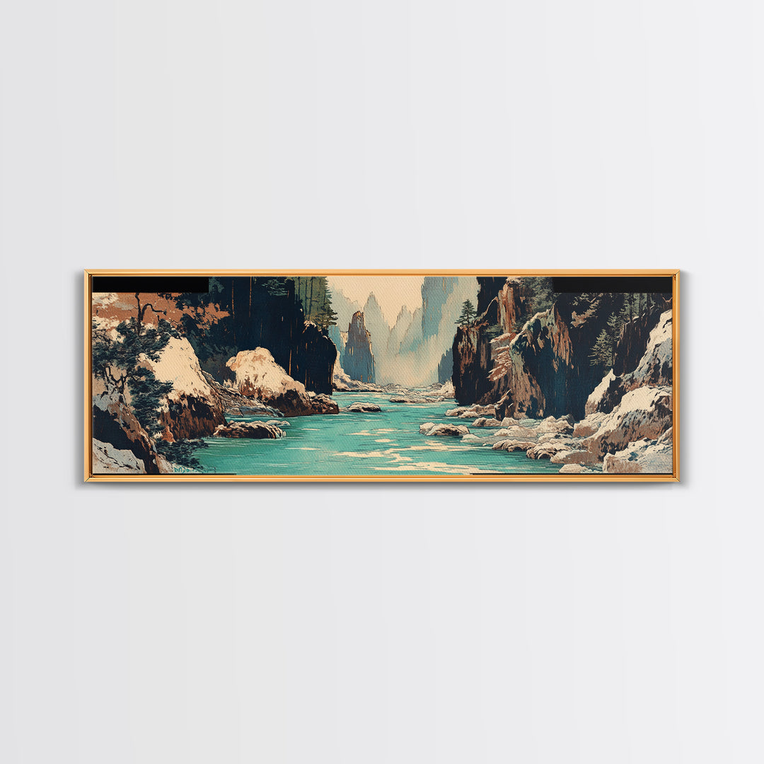 Snowy Canyon River Wall Art, Turquoise Mountain Gorge Canvas Print, Japanese Landscape Decor, Large Horizontal Artwork Print