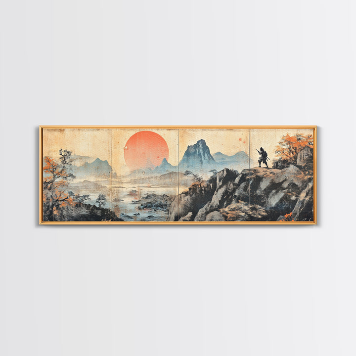 Samurai Mountain Sunset Wall Art, Japanese Landscape Triptych Canvas Print, Asian Wall Decor, Panoramic Living Room Art Print