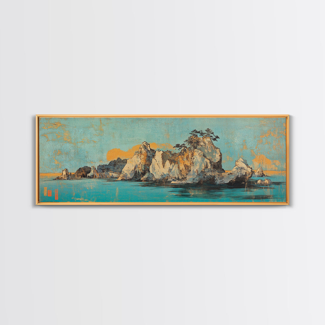 Turquoise Island Seascape With Rocky Pines, Japanese Wall Art, Coastal Landscape Print, Panoramic Canvas, Living Room Decor