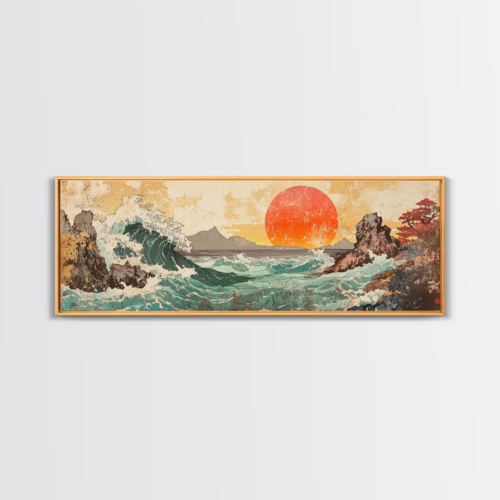 Crashing Wave And Red Sun, Japanese Wall Art, Ocean Seascape Canvas Print, Coastal Wall Decor, Large Living Room Art, Home Decor