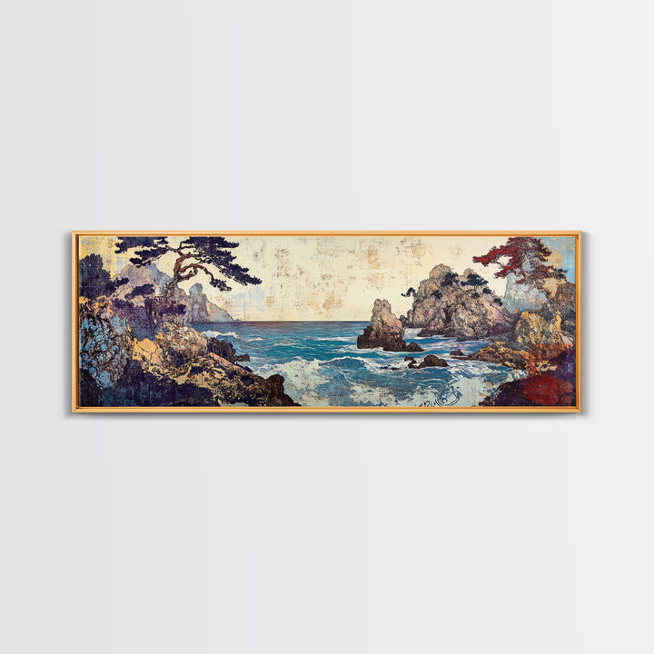 Pine Framed Rocky Cove, Japanese Wall Art, Coastal Seascape Canvas Print, Ocean Wall Decor, Panoramic Living Room Art, Home Decor