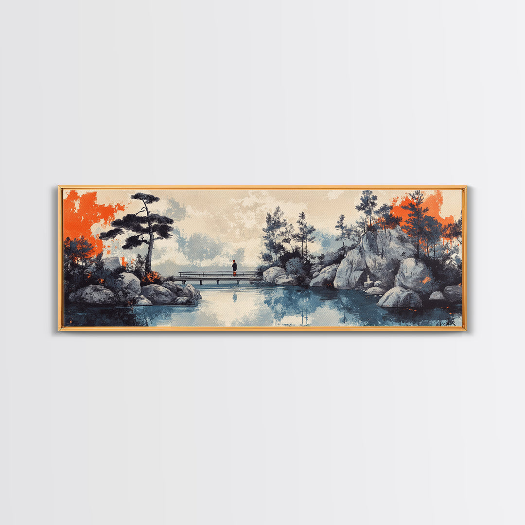 Serene Japanese Garden Bridge, Wall Art, Lake Landscape Canvas Print, Zen Home Decor, Calming Office And Living Room Art