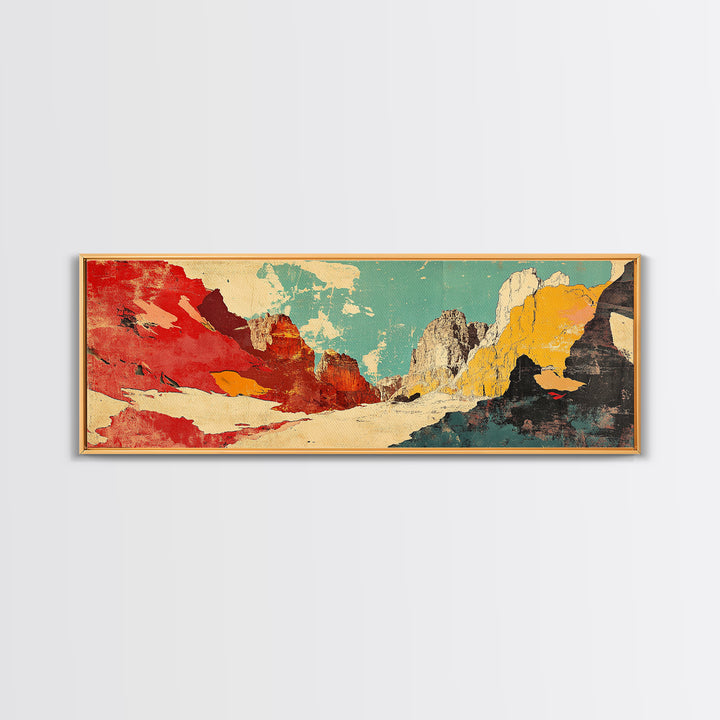 Red Teal Abstract Mountain Landscape Wall Art, Panoramic Canvas Print, Modern Southwestern Decor, Long Horizontal Wall Decor