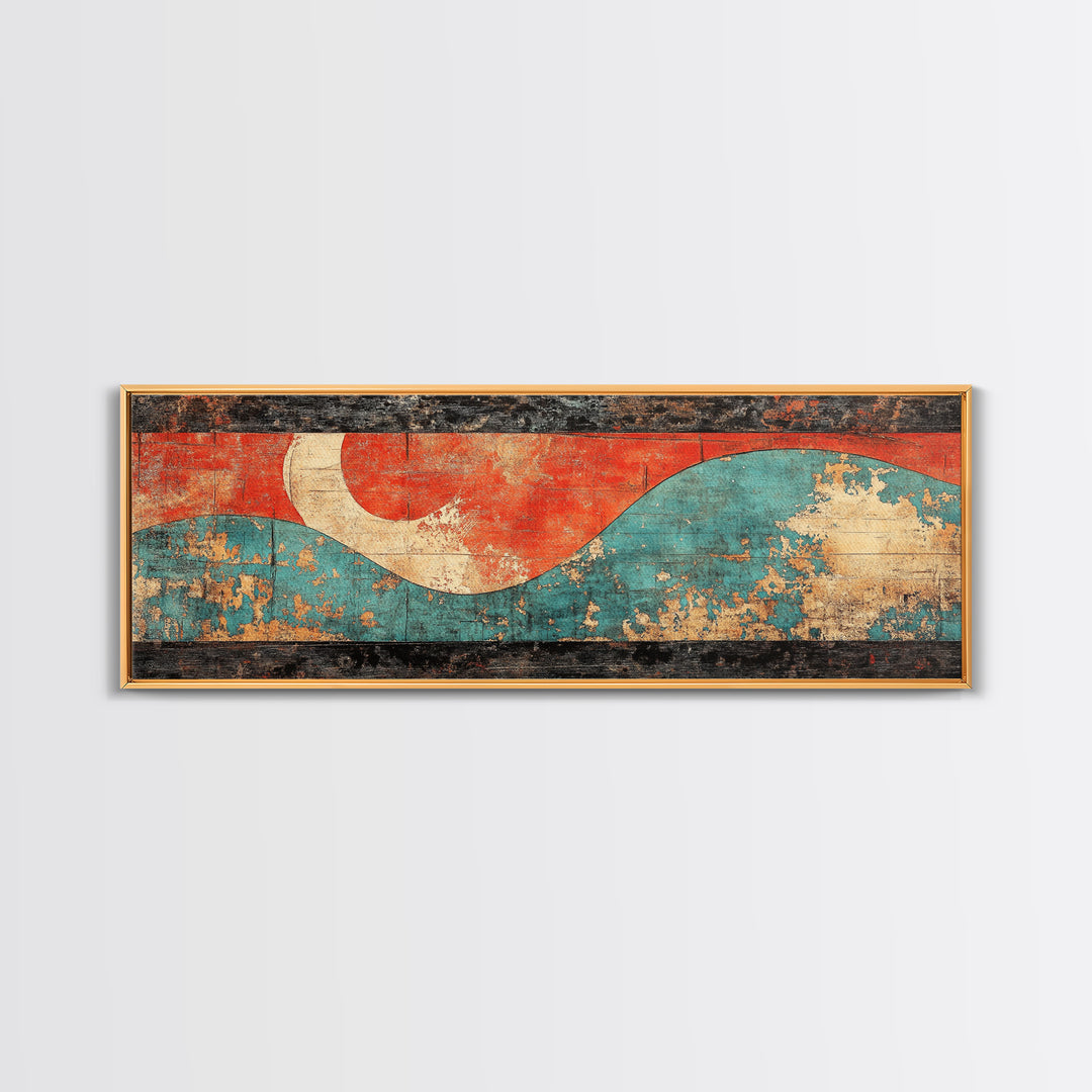 Red Sun And Teal Wave Wall Art, Japanese Coastal Canvas Print, Minimalist Abstract Seascape, Long Horizontal Living Room Wall Decor