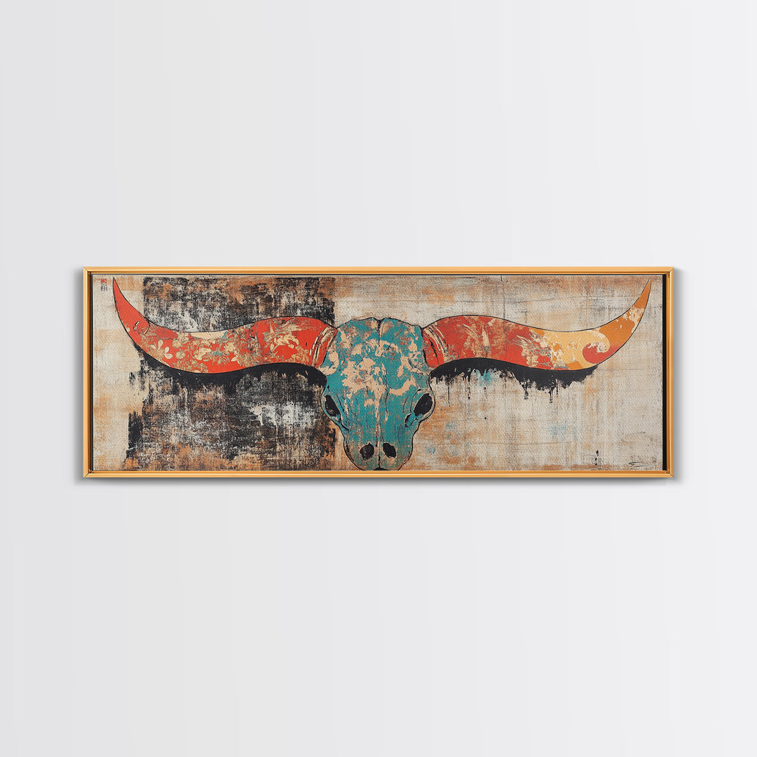 Turquoise Longhorn Skull Wall Art, Western Boho Canvas Print, Southwestern Rustic Decor, Long Horizontal Statement Artwork