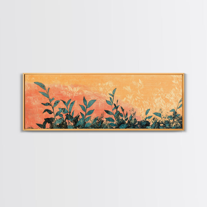 Orange Botanical Silhouette Wall Art, Nature Canvas Print, Boho Botanical Decor, Long Horizontal Living Room Wall Art Decor