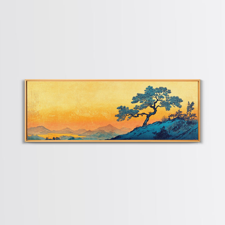 Blue Pine Tree Mountain Landscape Wall Art, Japanese Canvas Print, Serene Nature Decor, Long Horizontal Lake House Wall Decor