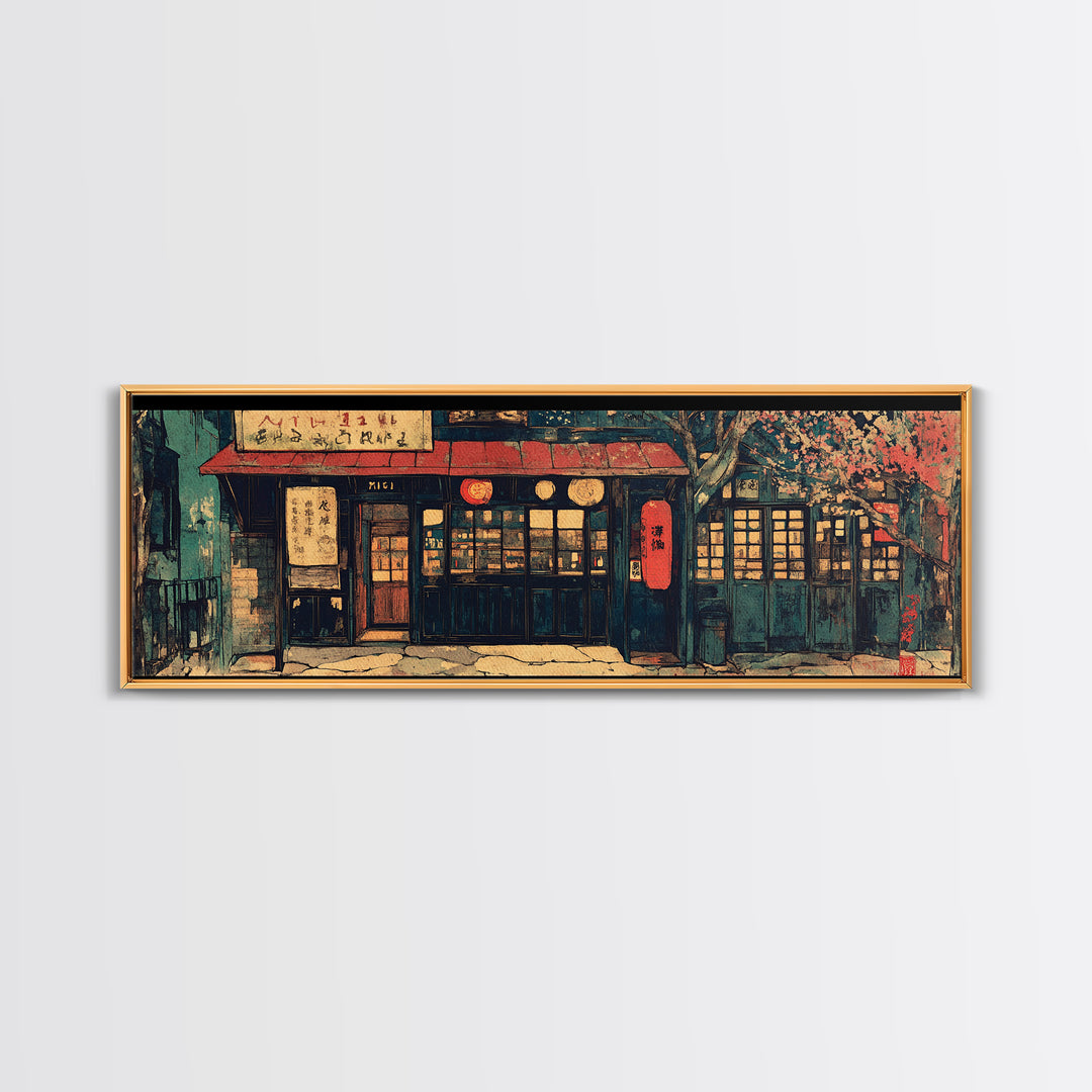 Cozy Japanese Storefront Night Wall Art, Cherry Blossom Cafe Canvas, Asian Home Decor, Japandi Gallery Living Room Print
