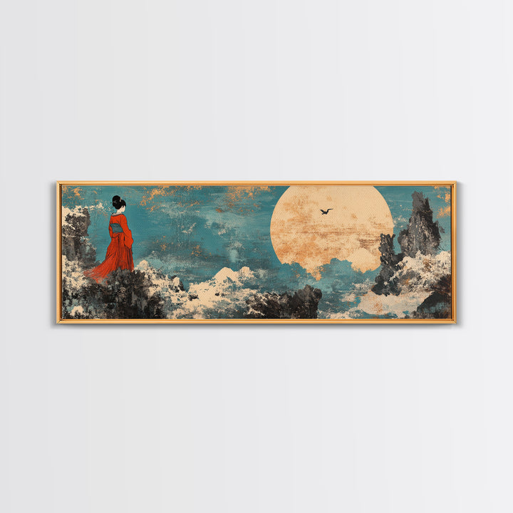 Red Kimono Woman Moon Wall Art, Japanese Landscape Canvas Print, Asian Inspired Decor, Dreamy Japandi Bedroom Art Gift For Her
