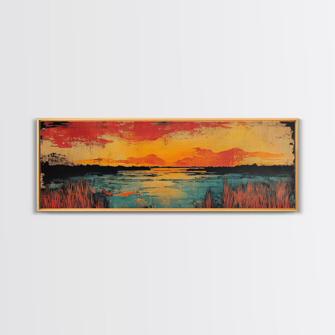 Vibrant Sunset Lake Landscape Wall Art, Marsh Water Canvas Print, Rustic Nature Decor, Large Horizontal Living Room Art Print