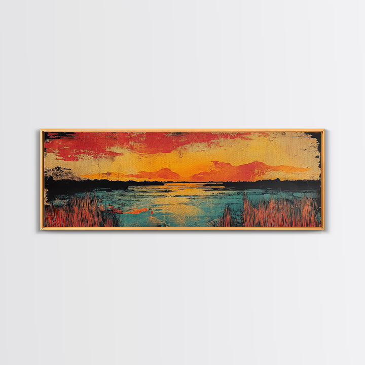 Vibrant Sunset Lake Landscape Wall Art, Marsh Water Canvas Print, Rustic Nature Decor, Large Horizontal Living Room Art Print
