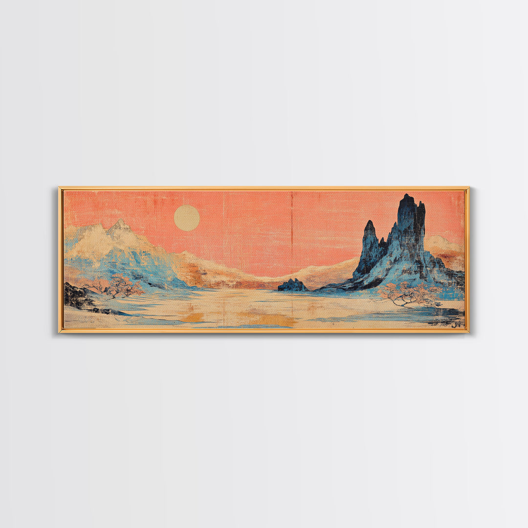 Pastel Desert Mountain Landscape Wall Art, Southwestern Canvas Print, Pink Sky Neutral Decor, Long Horizontal Above Bed Art