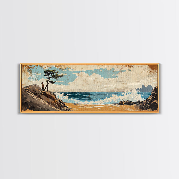 Coastal Lone Pine Beach Canvas Print, Ocean Wave Landscape Wall Art, Rustic Nautical Decor, Large Horizontal Art For Beach House Decor
