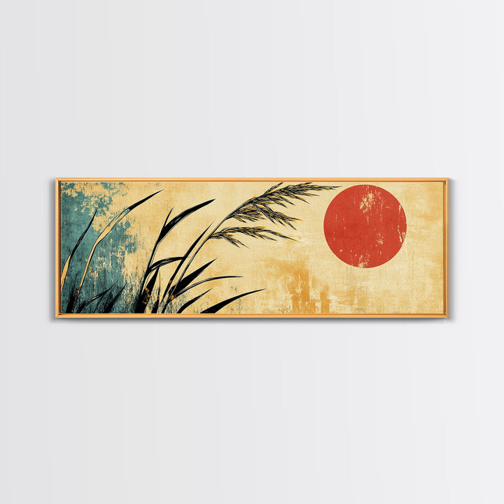 Minimal Reeds And Red Sun Canvas Print, Japanese Wall Art, Zen Home Decor, Japandi Coastal Poster For Calm Living Room Decor
