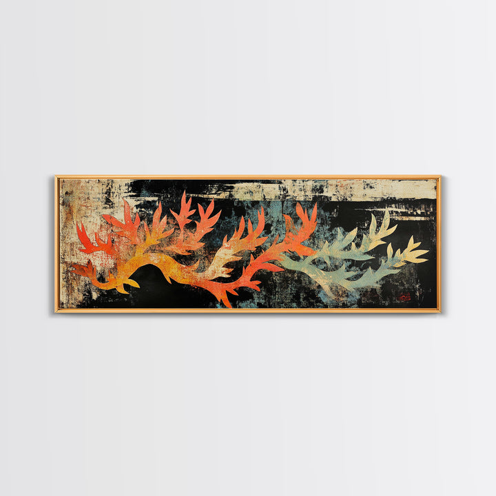 Fiery Coral Branch On Dark Canvas Print, Japanese Ocean Wall Art, Coastal Wall Decor, Nautical Sea Life Statement Art Print