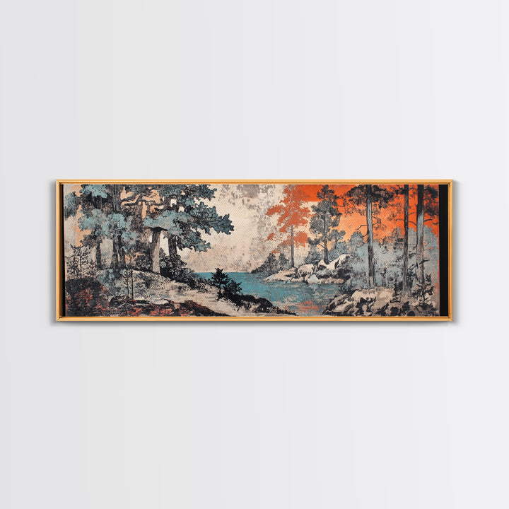 Snowy Pine Forest And Blue Lake Canvas Print, Japanese Landscape Wall Art, Nature Wall Decor, Japandi Winter Home Decor Gift