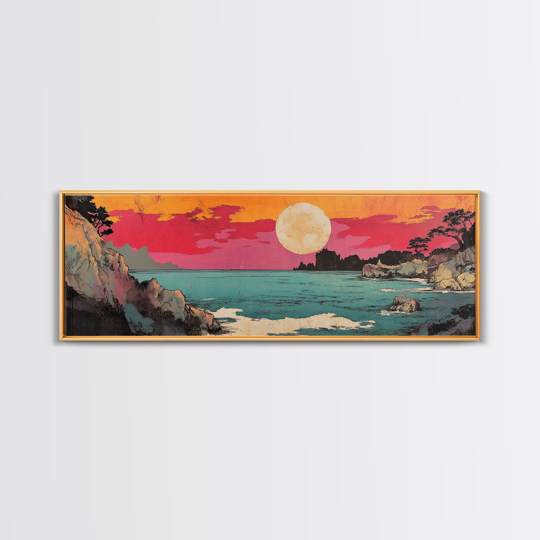 Pink Sunset Over Turquoise Cove Canvas Print, Japanese Coastal Wall Art, Ocean Seascape Decor, Beach House Wall Art Print