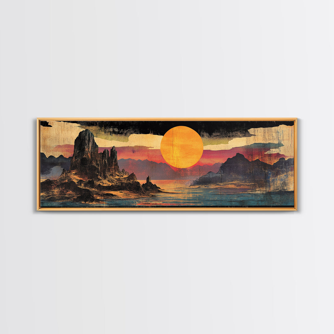 Orange Sun Over Desert Canyon Canvas Print, Southwestern Wall Art, Western Landscape Decor, Large Panoramic Wall Art For Home