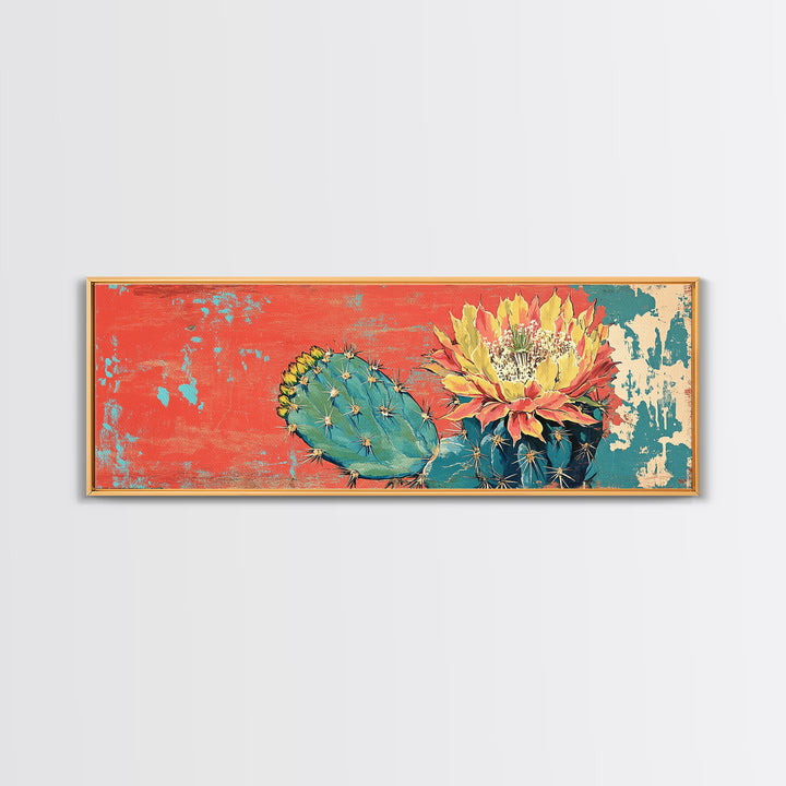 Blooming Desert Cactus On Coral Turquoise Texture Wall Art, Southwestern Canvas Print, Boho Desert Decor, Large Horizontal Art